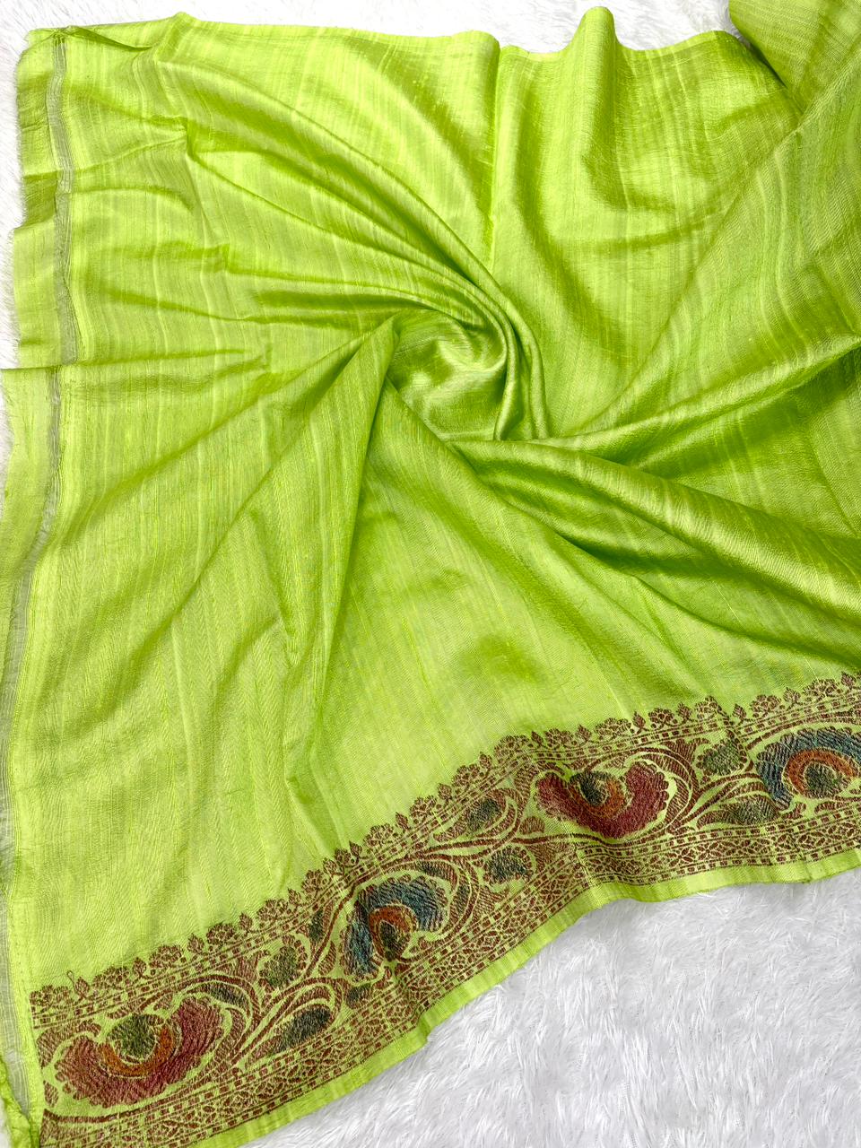 Luminous Lime Green Pure Raw Silk Tussar Handloom Saree with Meenakari Border & Antique Zari