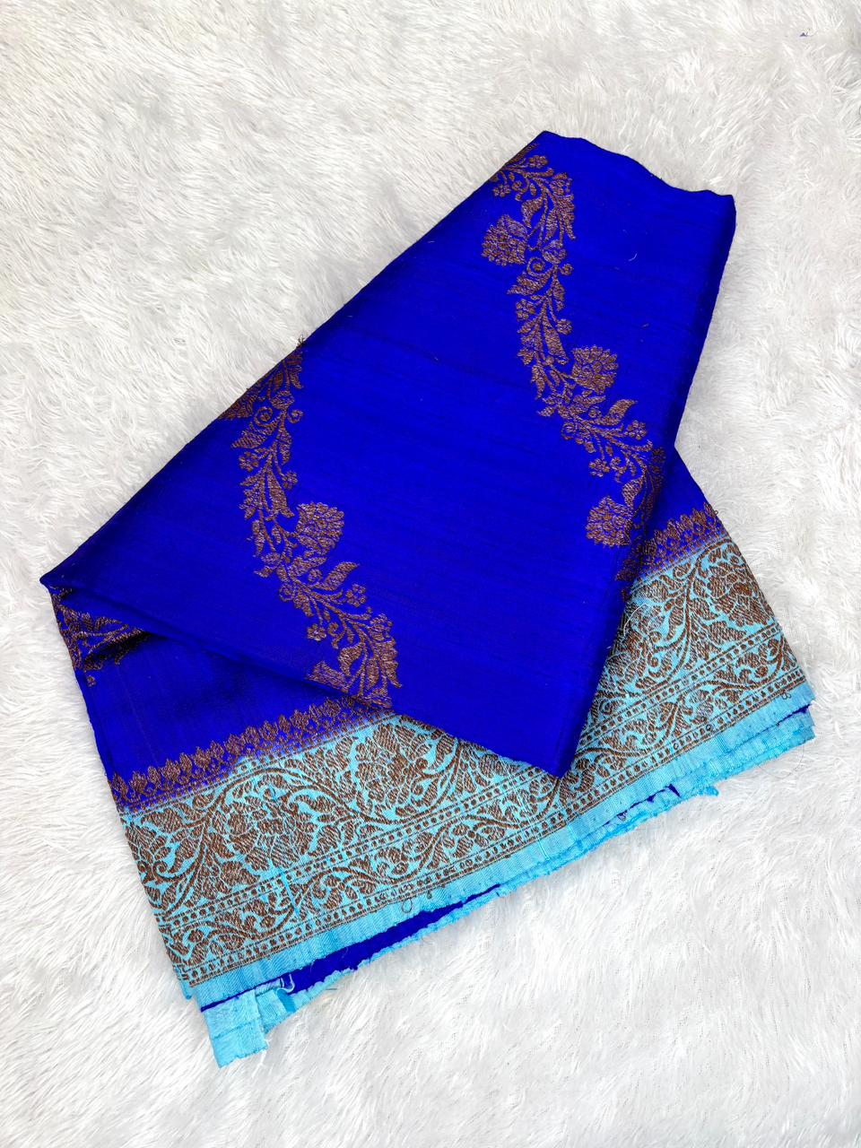 Contrast Royal Blue & Sky Blue Pure Raw Silk Tussar Handloom Saree with Antique Zari Vines