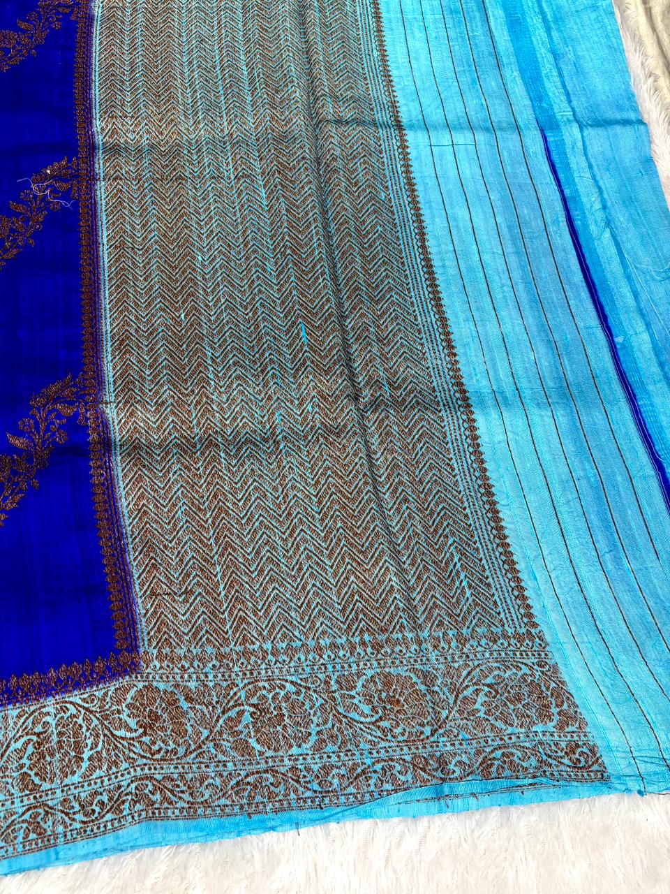 Contrast Royal Blue & Sky Blue Pure Raw Silk Tussar Handloom Saree with Antique Zari Vines