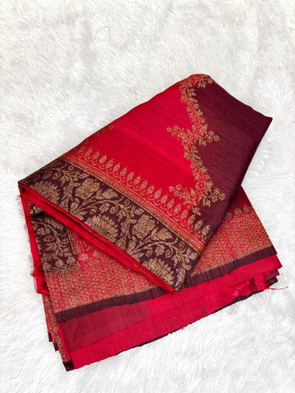 Crimson Red & Maroon Pure Raw Silk Tussar Handloom Saree with Diagonal Antique Zari Vines