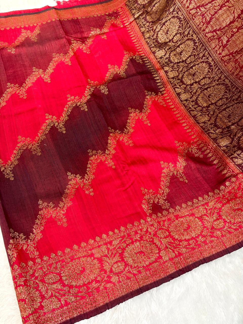 Crimson Red & Maroon Pure Raw Silk Tussar Handloom Saree with Diagonal Antique Zari Vines