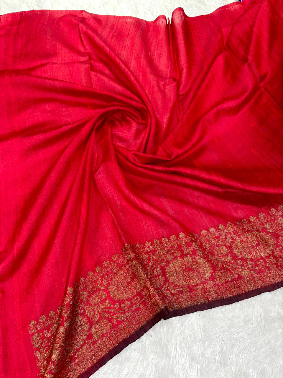 Crimson Red & Maroon Pure Raw Silk Tussar Handloom Saree with Diagonal Antique Zari Vines