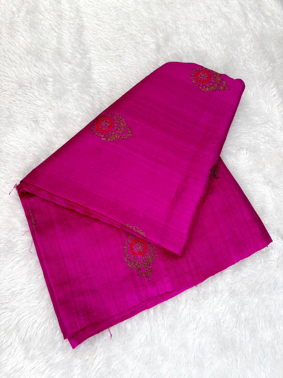 Vivid Magenta Pure Raw Silk Tussar Handloom Saree with Meenakari Chakra Buta & Rich Brocade Pallu