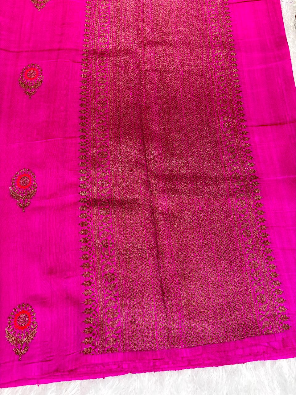 Vivid Magenta Pure Raw Silk Tussar Handloom Saree with Meenakari Chakra Buta & Rich Brocade Pallu
