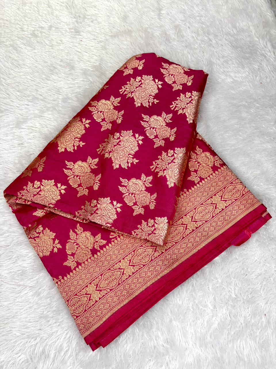 Deep Rose Pink Katan Jungla Cutwork  Handloom Saree with All-Over Floral Zari Jaal & Rich Pallu