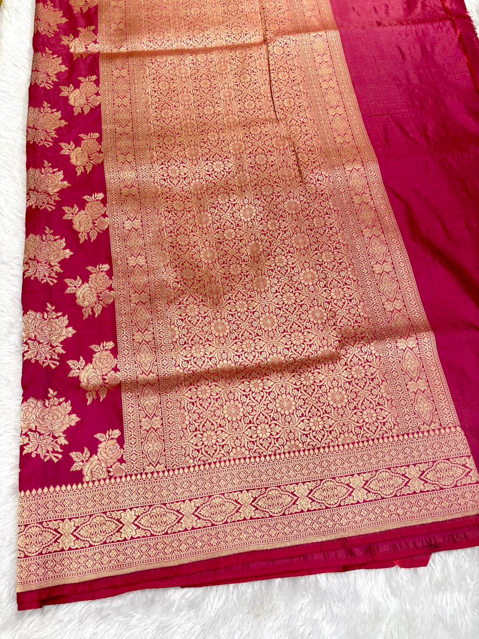 Deep Rose Pink Katan Jungla Cutwork  Handloom Saree with All-Over Floral Zari Jaal & Rich Pallu