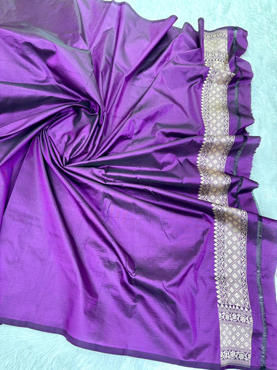 Deep Purple Handloom Katan Silk Saree with Silver Zari Jungla Cutwork & Geometric Border