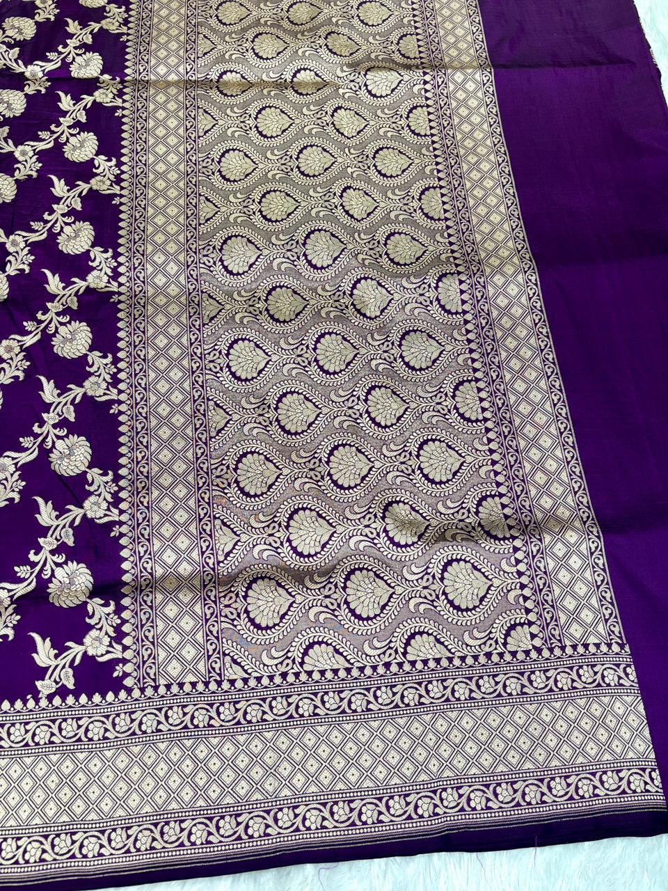 Deep Purple Handloom Katan Silk Saree with Silver Zari Jungla Cutwork & Geometric Border