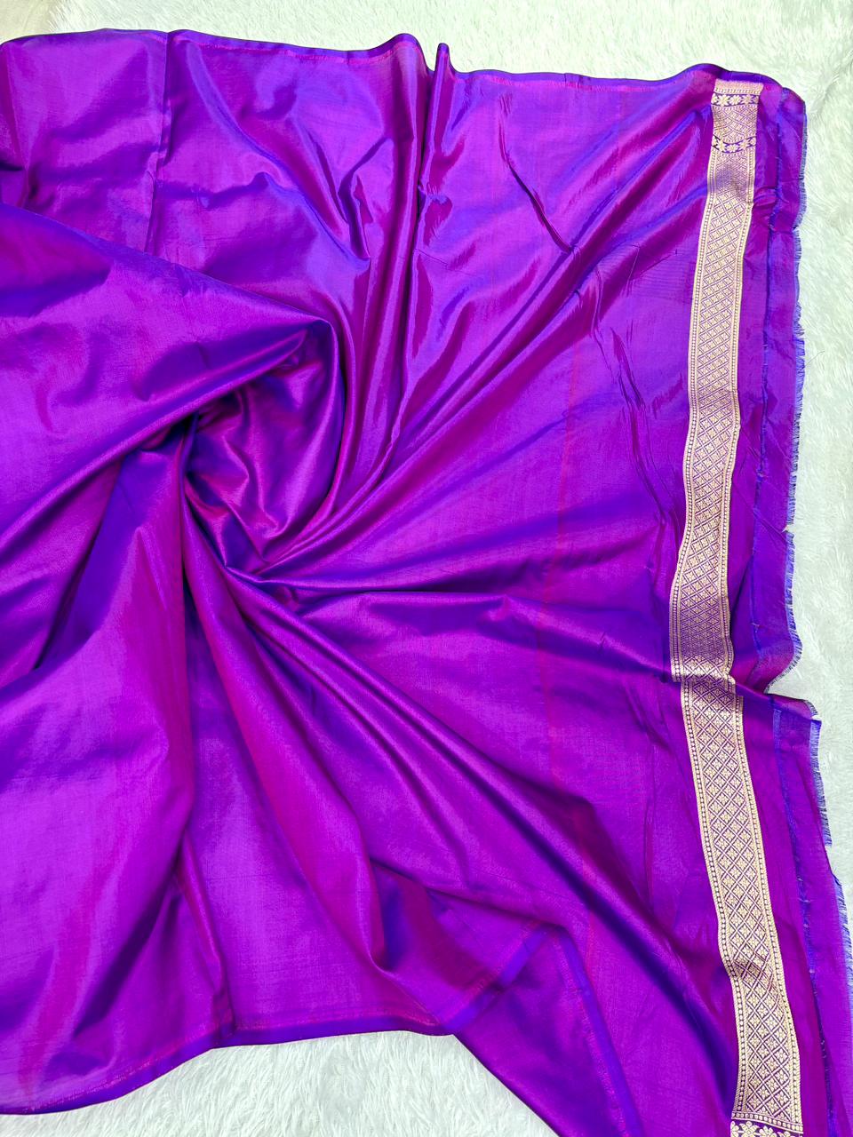 Radiant Violet Banarasi Katan Silk Saree with Diagonal Floral Cutwork Buta