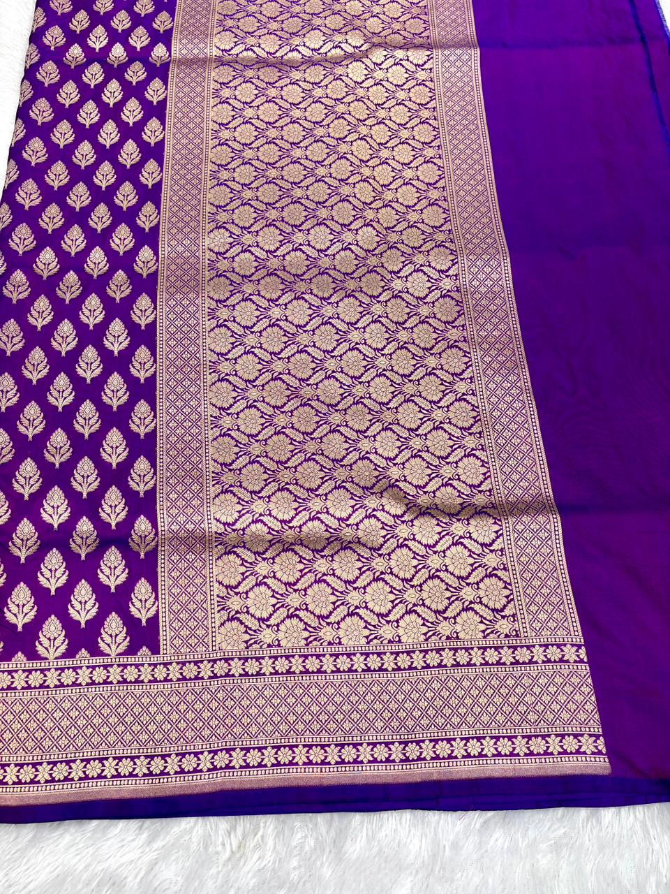 Radiant Violet Banarasi Katan Silk Saree with Diagonal Floral Cutwork Buta