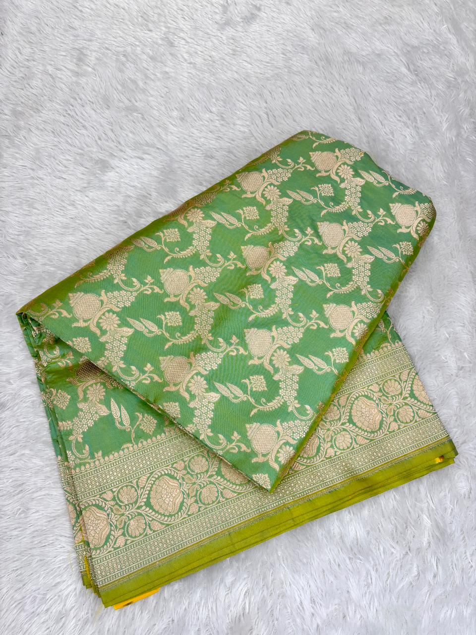 Parrot Green Banarasi Katan Silk Saree with All-Over Gold Zari Jungla Cutwork