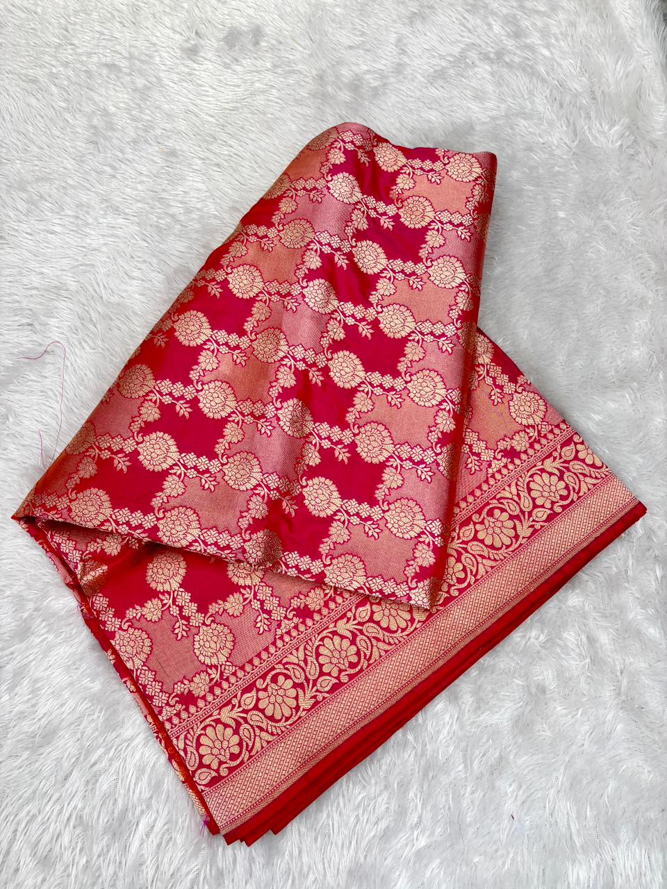 Bridal Red Banarasi Katan Silk Saree with All-Over Gold Zari Jungla Cutwork