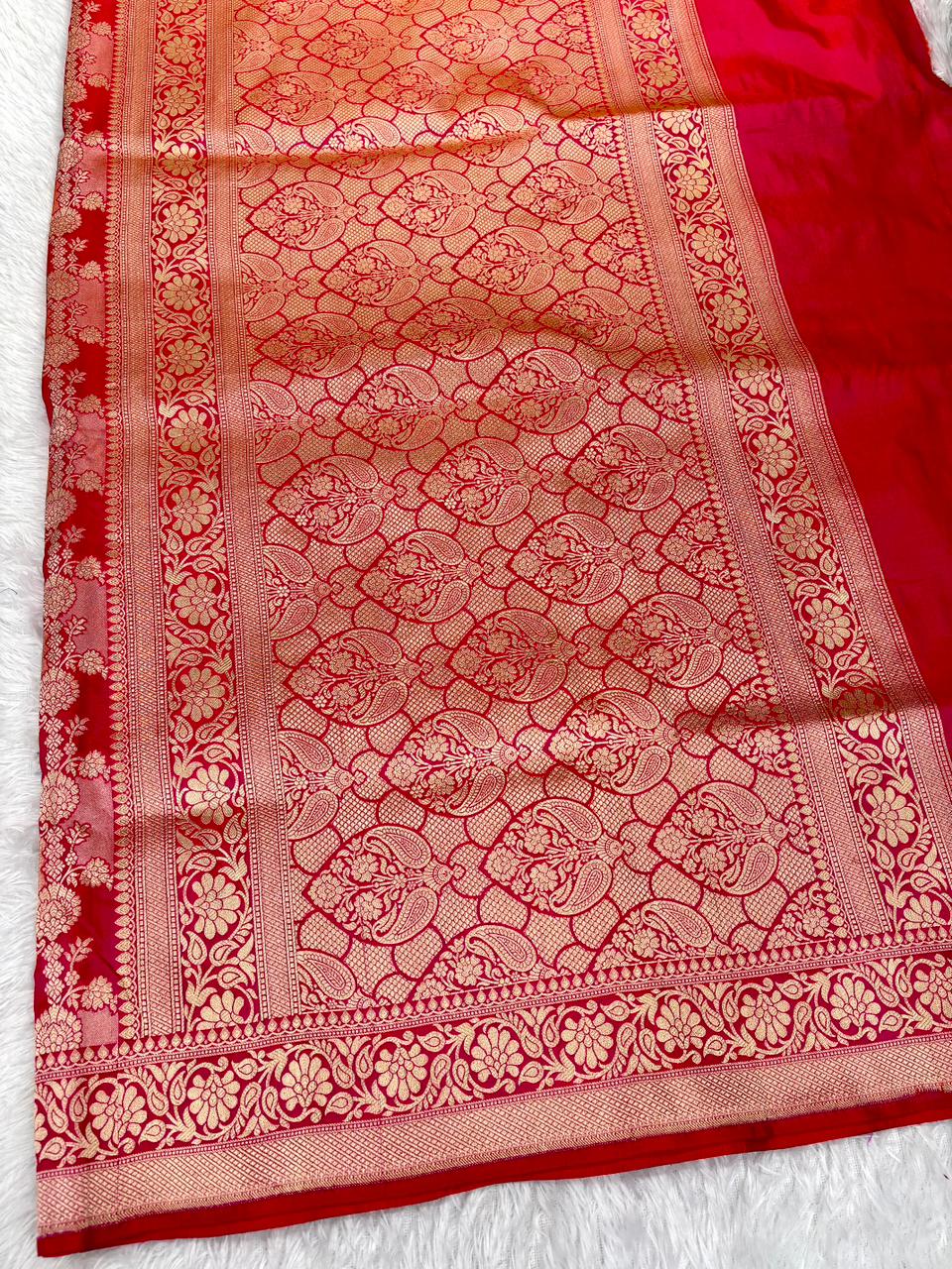 Bridal Red Banarasi Katan Silk Saree with All-Over Gold Zari Jungla Cutwork