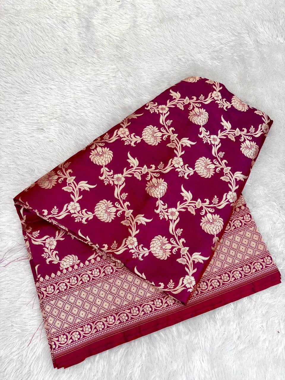 Deep Maroon Banarasi Katan Silk Saree with All-Over Gold Zari Jungla Cutwork