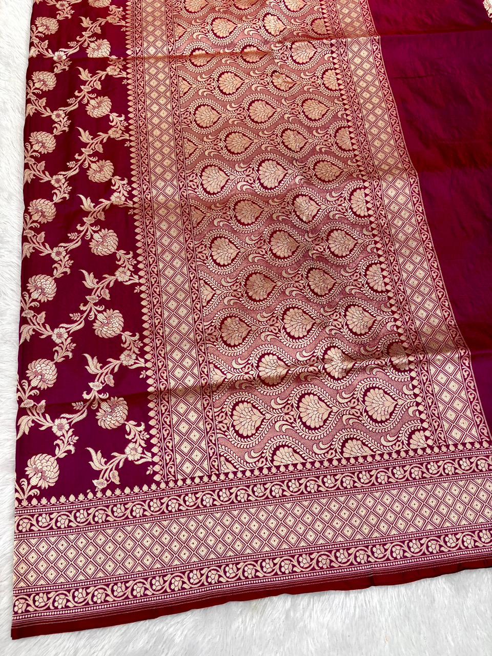 Deep Maroon Banarasi Katan Silk Saree with All-Over Gold Zari Jungla Cutwork