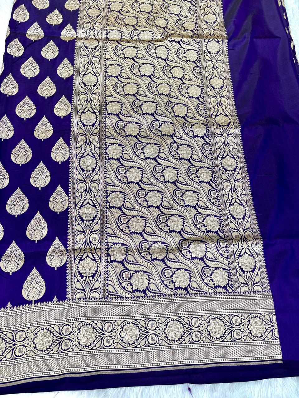 Deep Indigo Banarasi Katan Silk Saree with Stylized Leaf (Paan) Cutwork Motifs