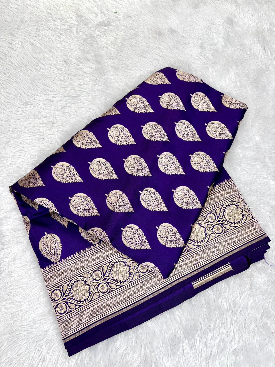 Deep Indigo Banarasi Katan Silk Saree with Stylized Leaf (Paan) Cutwork Motifs