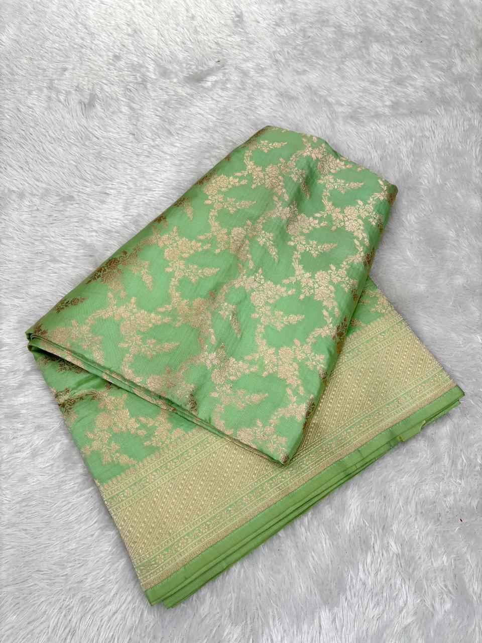 Mint Green Banarasi Katan Silk Saree with All-Over Floral Jungla Cutwork & Geometric Pallu