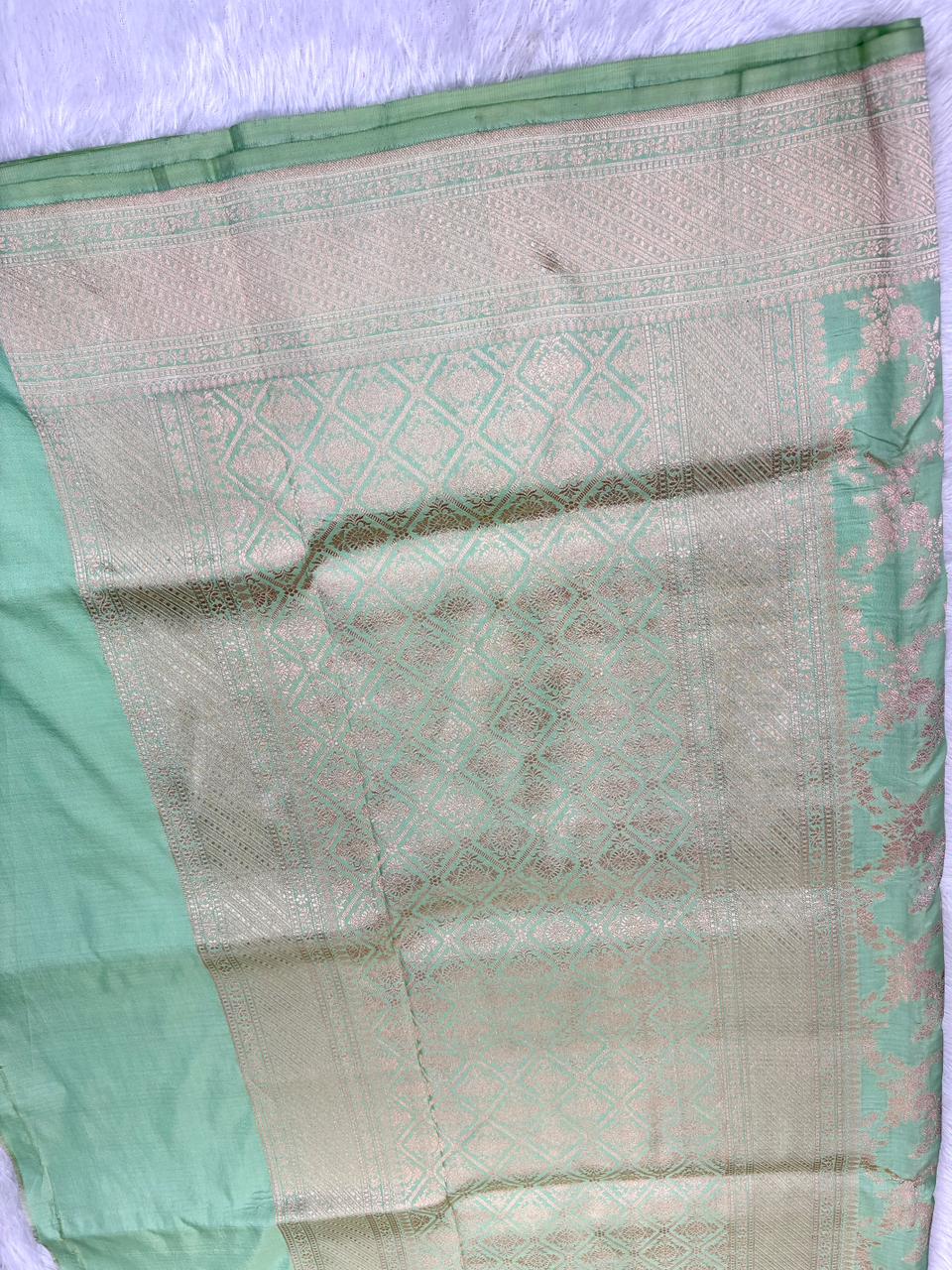 Mint Green Banarasi Katan Silk Saree with All-Over Floral Jungla Cutwork & Geometric Pallu