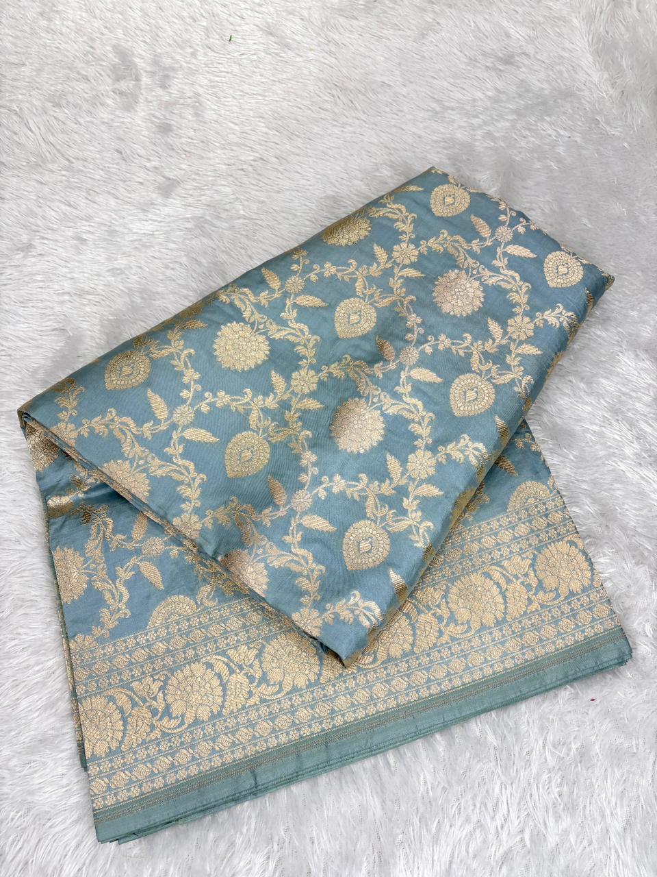 Slate Blue Banarasi Katan Silk Saree with All-Over Gold Zari Jungla Cutwork