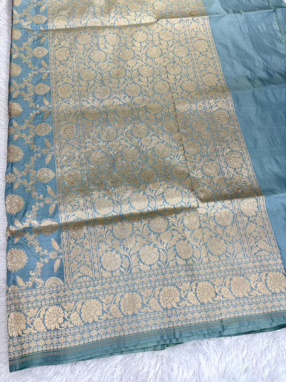 Slate Blue Banarasi Katan Silk Saree with All-Over Gold Zari Jungla Cutwork