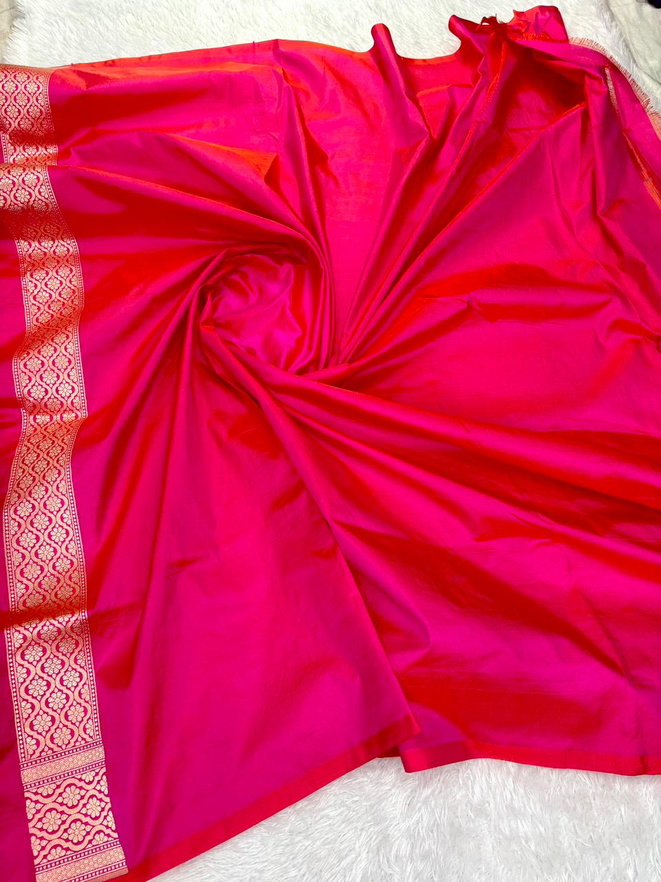 Rani Pink Banarasi Katan Silk Saree with All-Over Gold Zari Jungla Cutwork