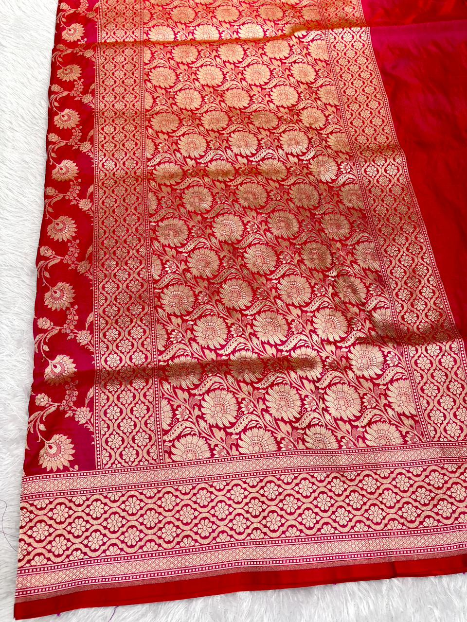 Rani Pink Banarasi Katan Silk Saree with All-Over Gold Zari Jungla Cutwork