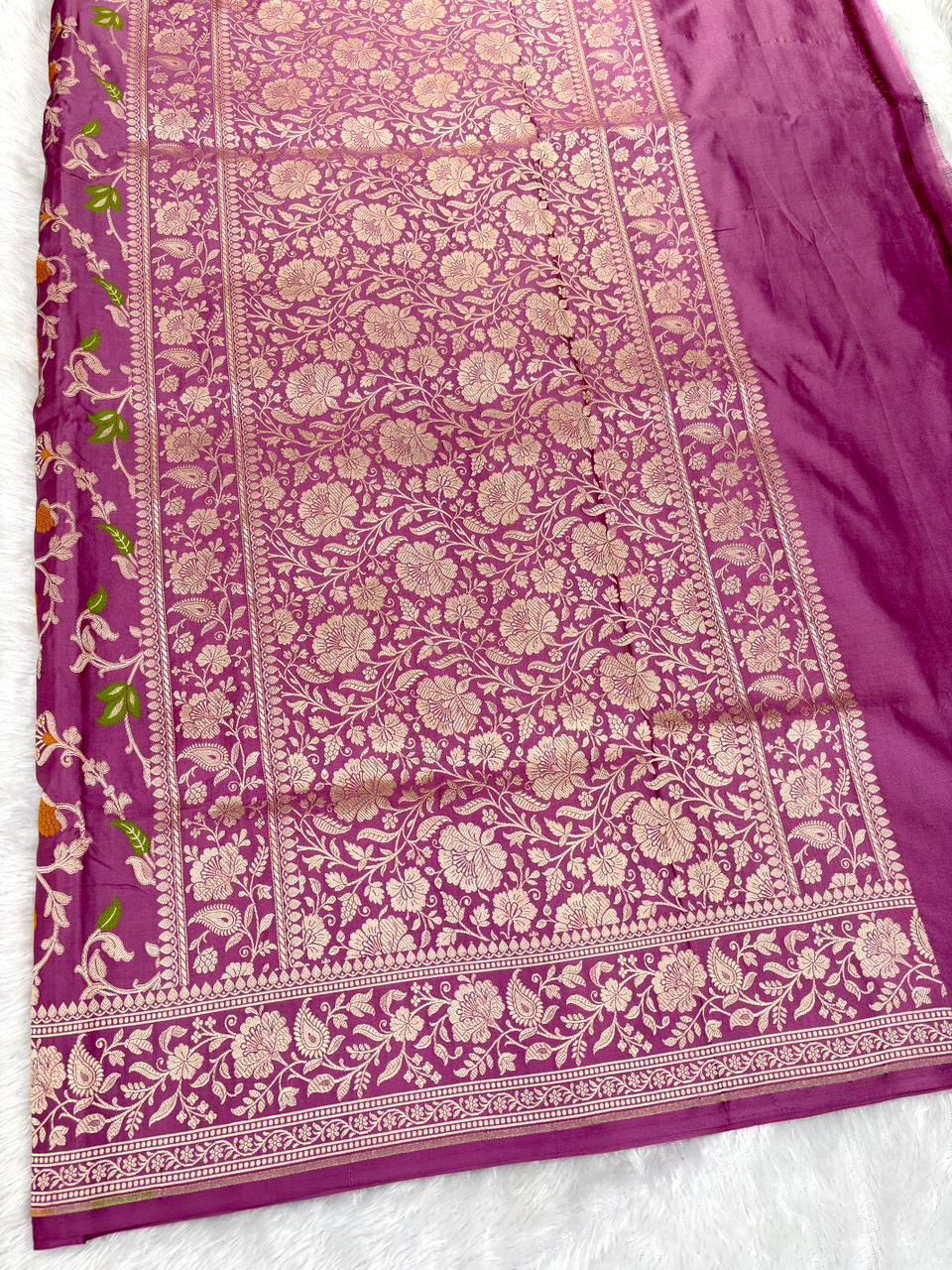 Elegant Mauve-Pink Mashru Silk Banarasi Saree with Meenakari Floral Jaal