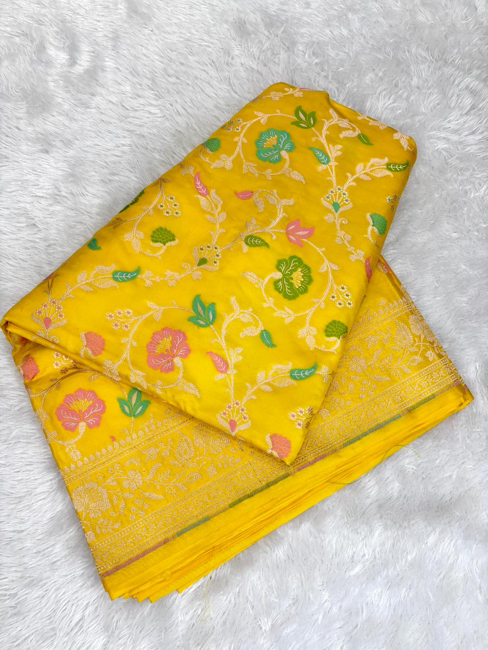 Bright Yellow Handwoven Mashru Silk Banarasi Saree with Vibrant Meenakari Floral Jaal
