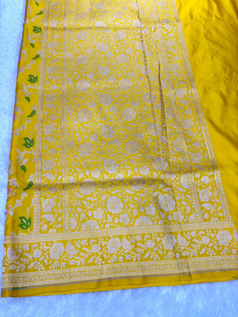 Bright Yellow Handwoven Mashru Silk Banarasi Saree with Vibrant Meenakari Floral Jaal
