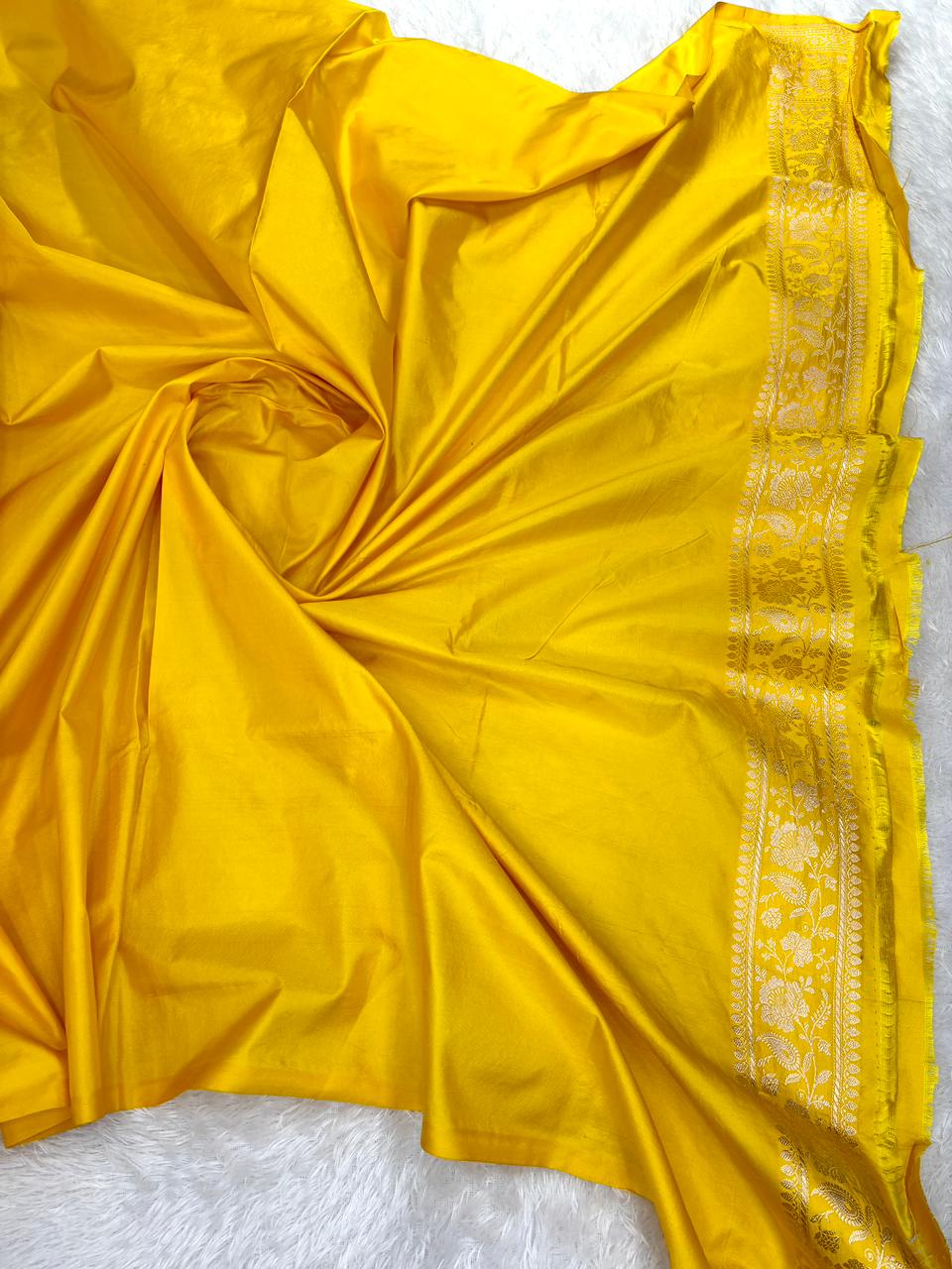 Bright Yellow Handwoven Mashru Silk Banarasi Saree with Vibrant Meenakari Floral Jaal
