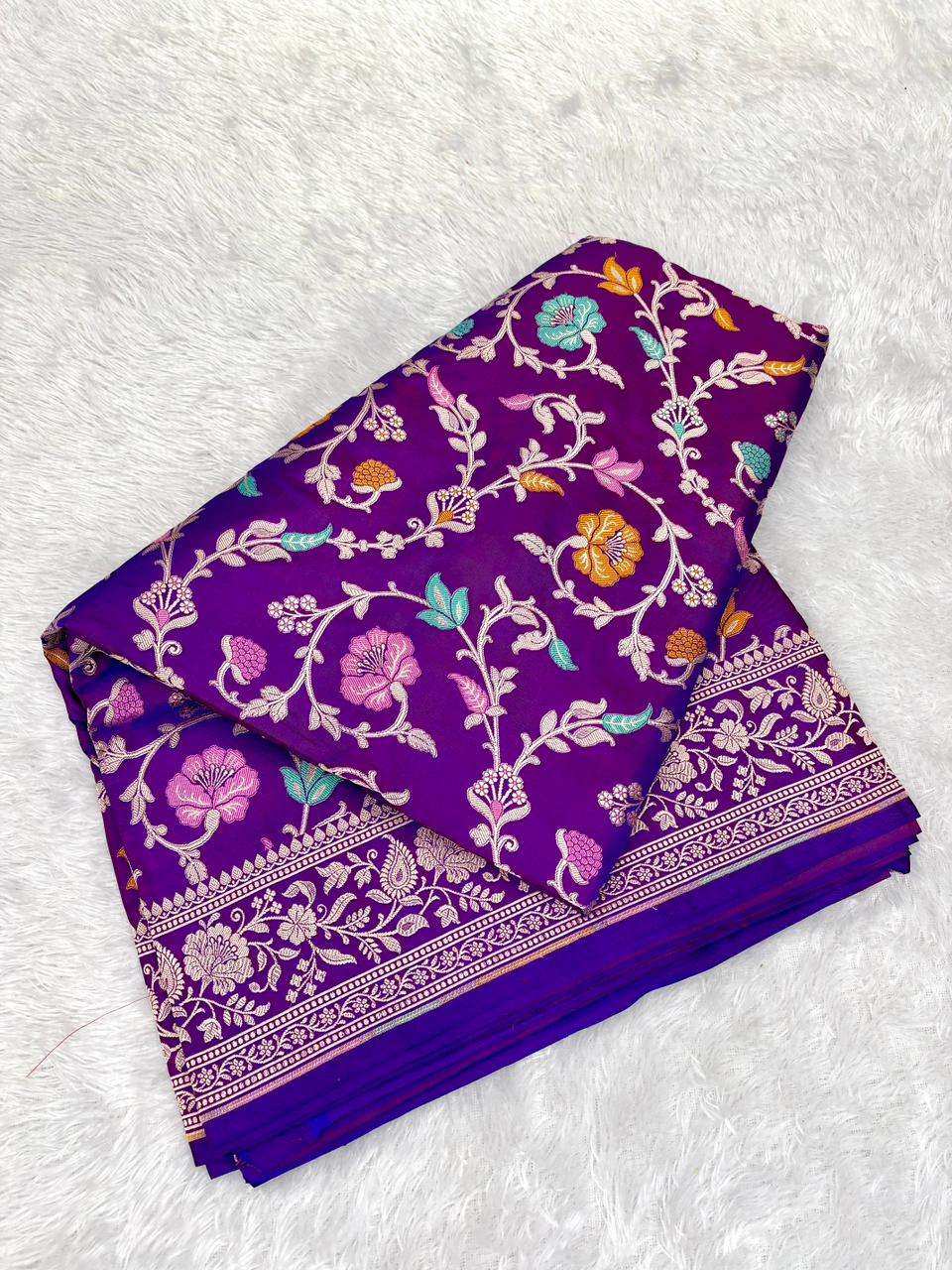 Regal Midnight Purple Mashru Silk Banarasi Saree with Meenakari Floral Jaal