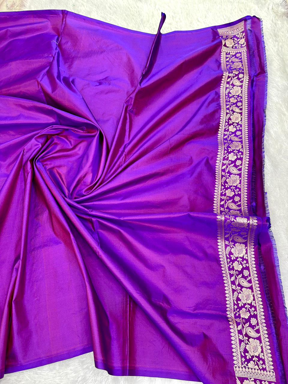 Regal Midnight Purple Mashru Silk Banarasi Saree with Meenakari Floral Jaal