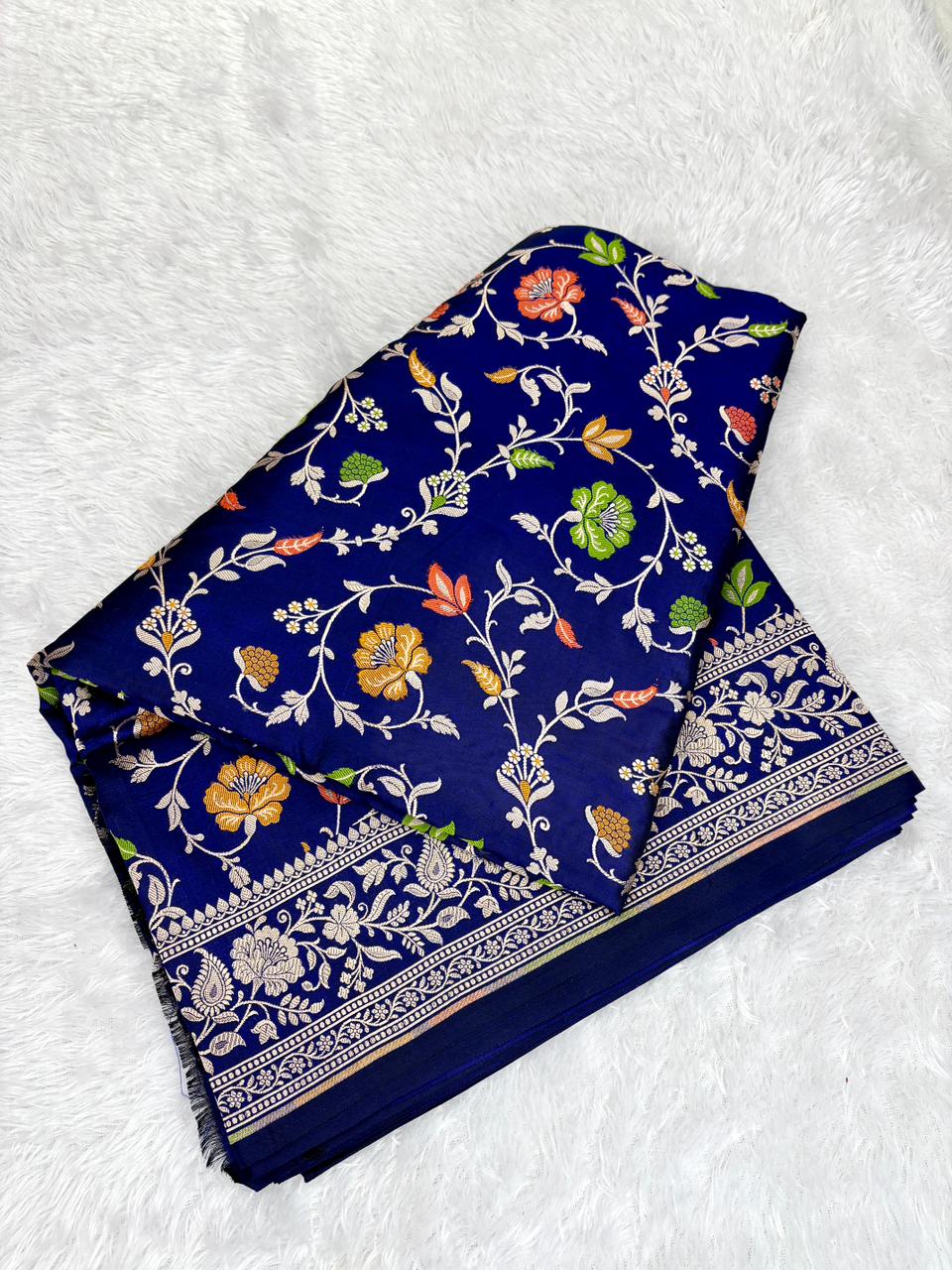 Regal Navy Blue Mashru Silk Banarasi Saree with Vibrant Meenakari Floral Jaal