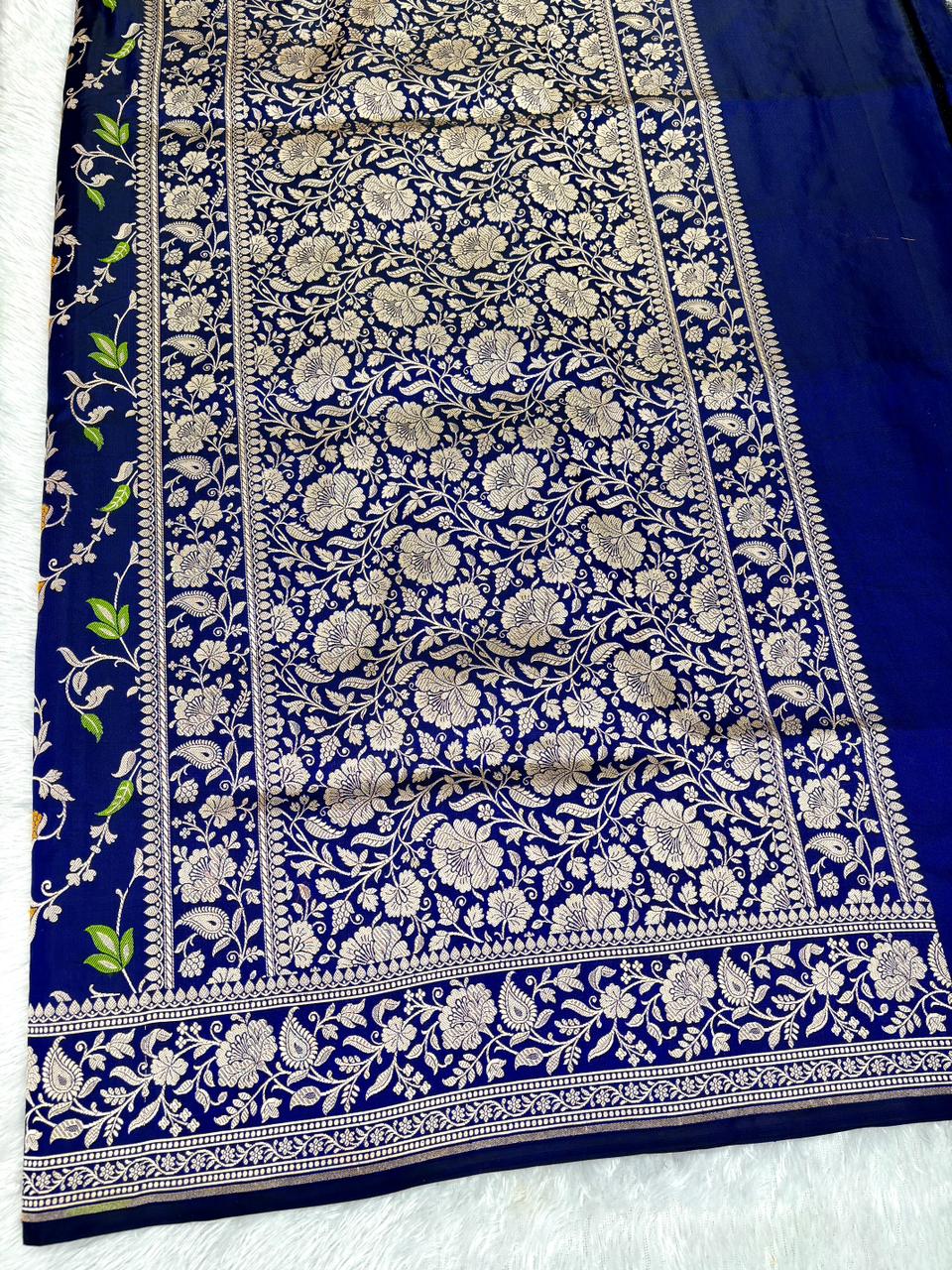 Regal Navy Blue Mashru Silk Banarasi Saree with Vibrant Meenakari Floral Jaal