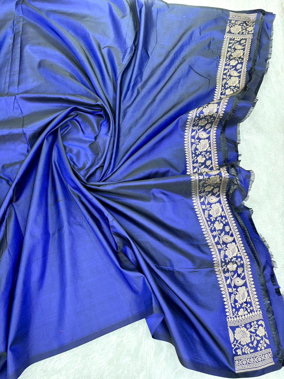 Regal Navy Blue Mashru Silk Banarasi Saree with Vibrant Meenakari Floral Jaal