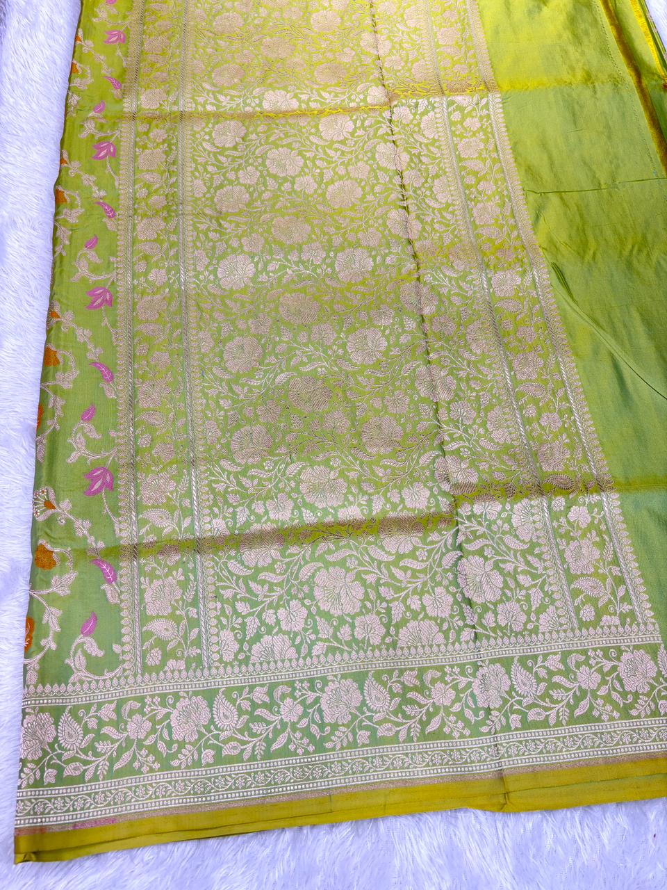 Vibrant Parakeet Green Mashru Silk Banarasi Saree with Meenakari Floral Jaal
