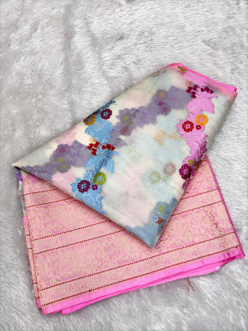 Rani Pink Pure Kora Silk Premium Banarasi Saree with Floral Kadhua Border and Meenakari Accents