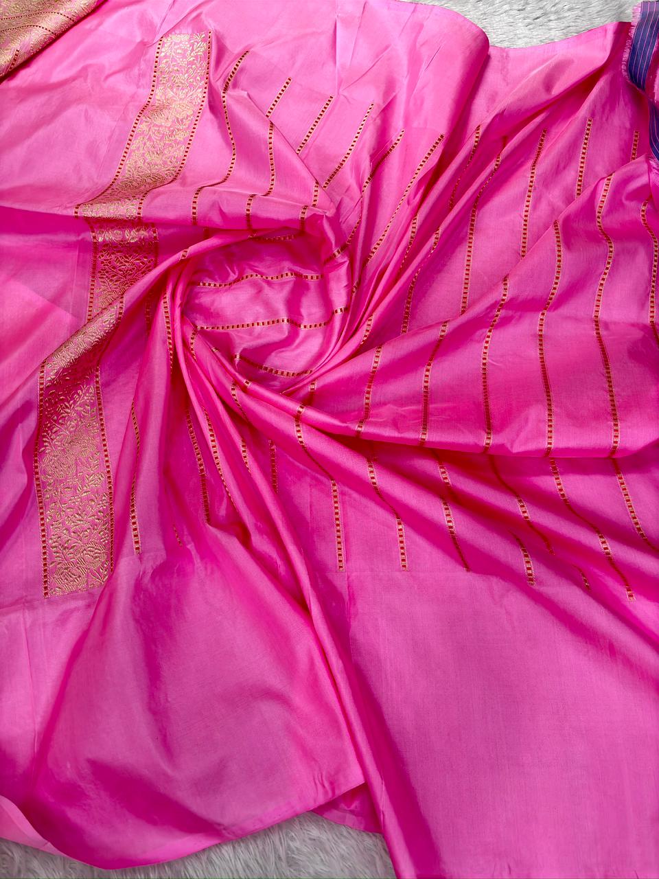 Rani Pink Pure Kora Silk Premium Banarasi Saree with Floral Kadhua Border and Meenakari Accents