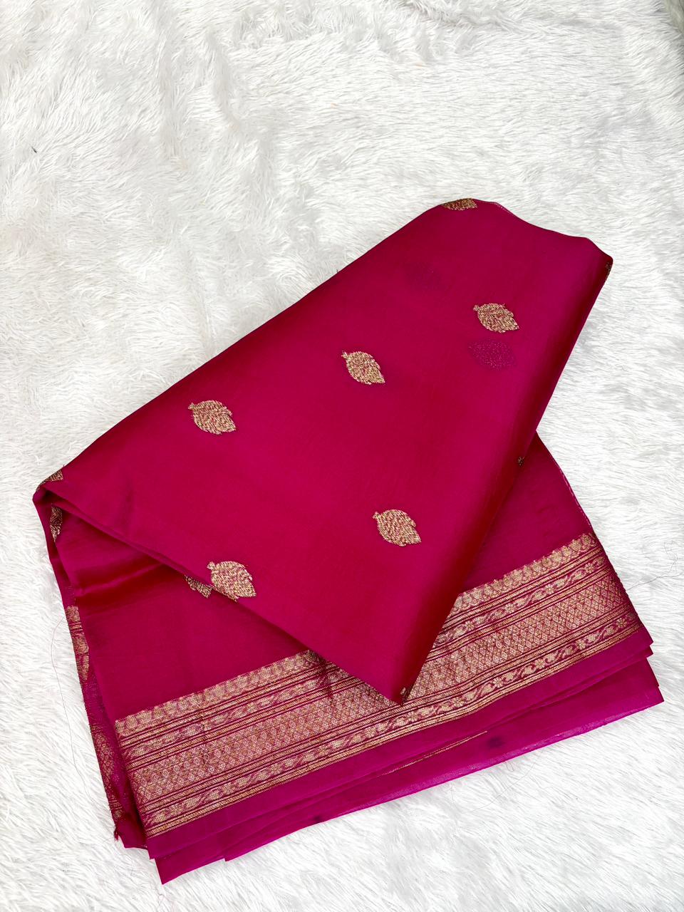 Classic Magenta Kora Silk Saree with Antique Kadhua Leaf Buti