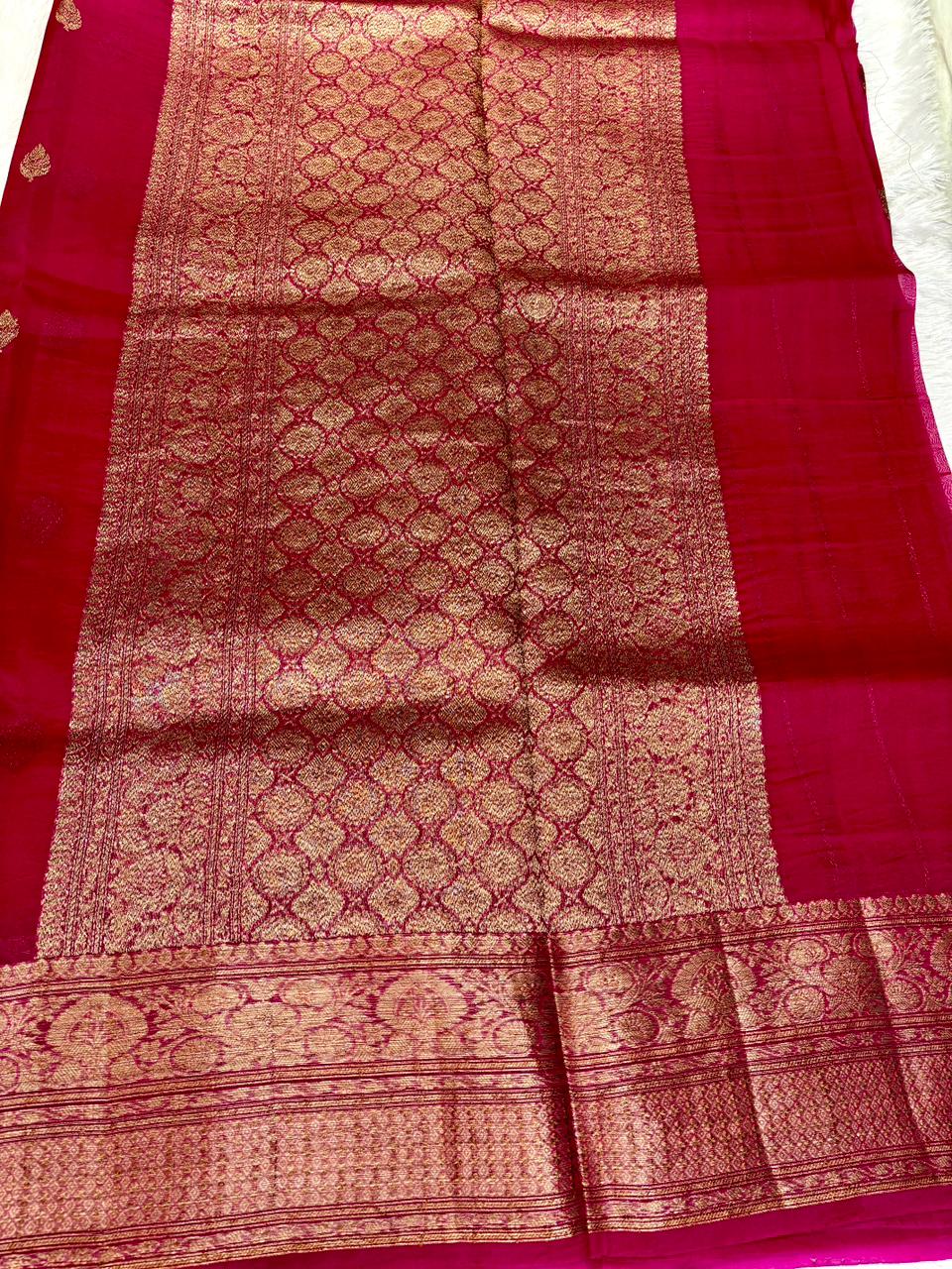 Classic Magenta Kora Silk Saree with Antique Kadhua Leaf Buti
