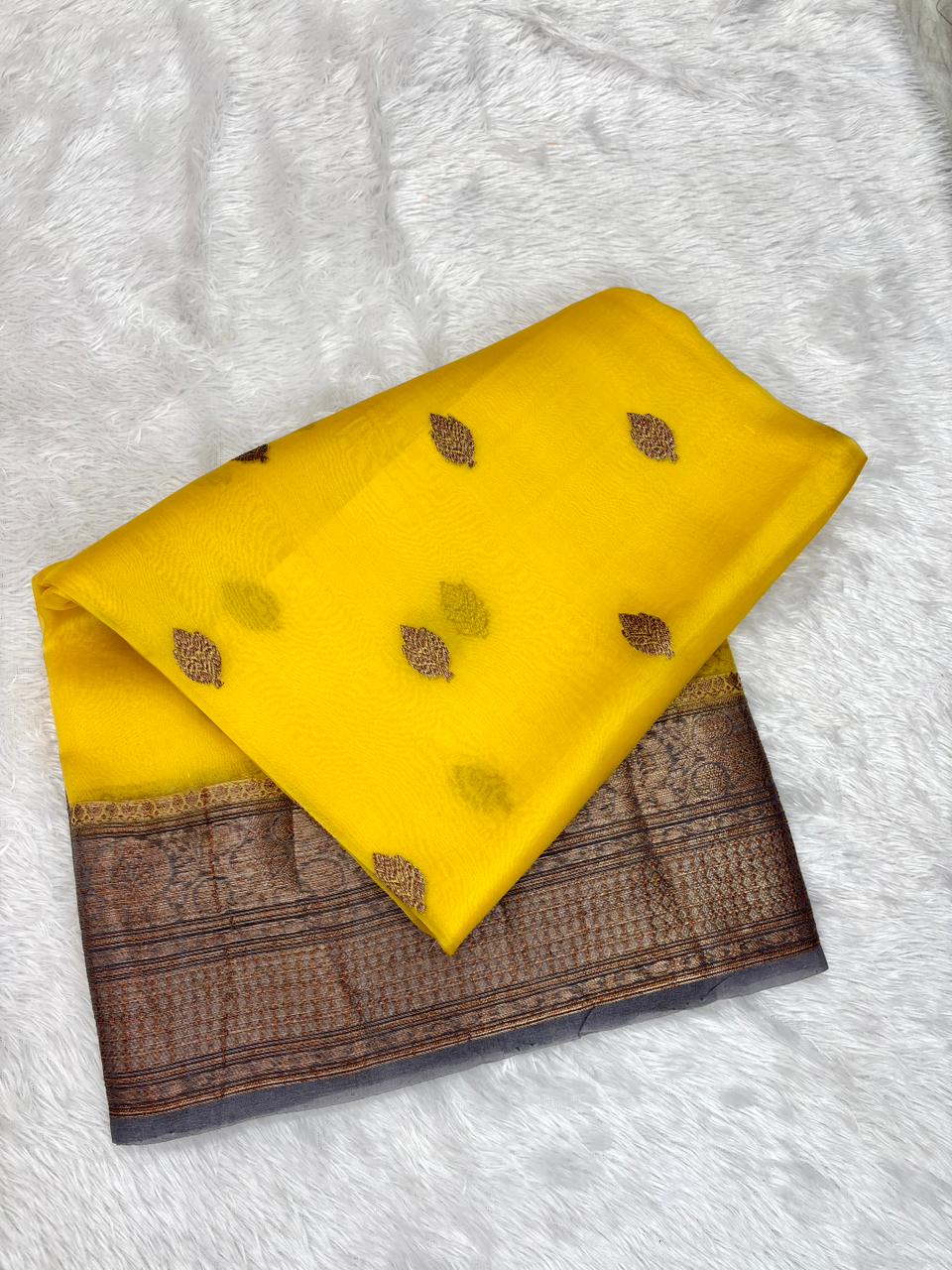 Radiant Sunshine Yellow Kora Silk Handloom Saree with Contrast Antique Grey Border