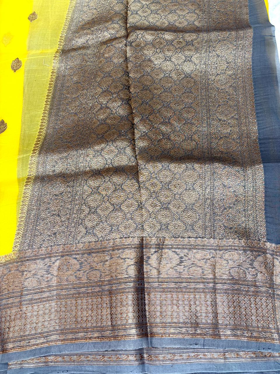 Radiant Sunshine Yellow Kora Silk Handloom Saree with Contrast Antique Grey Border