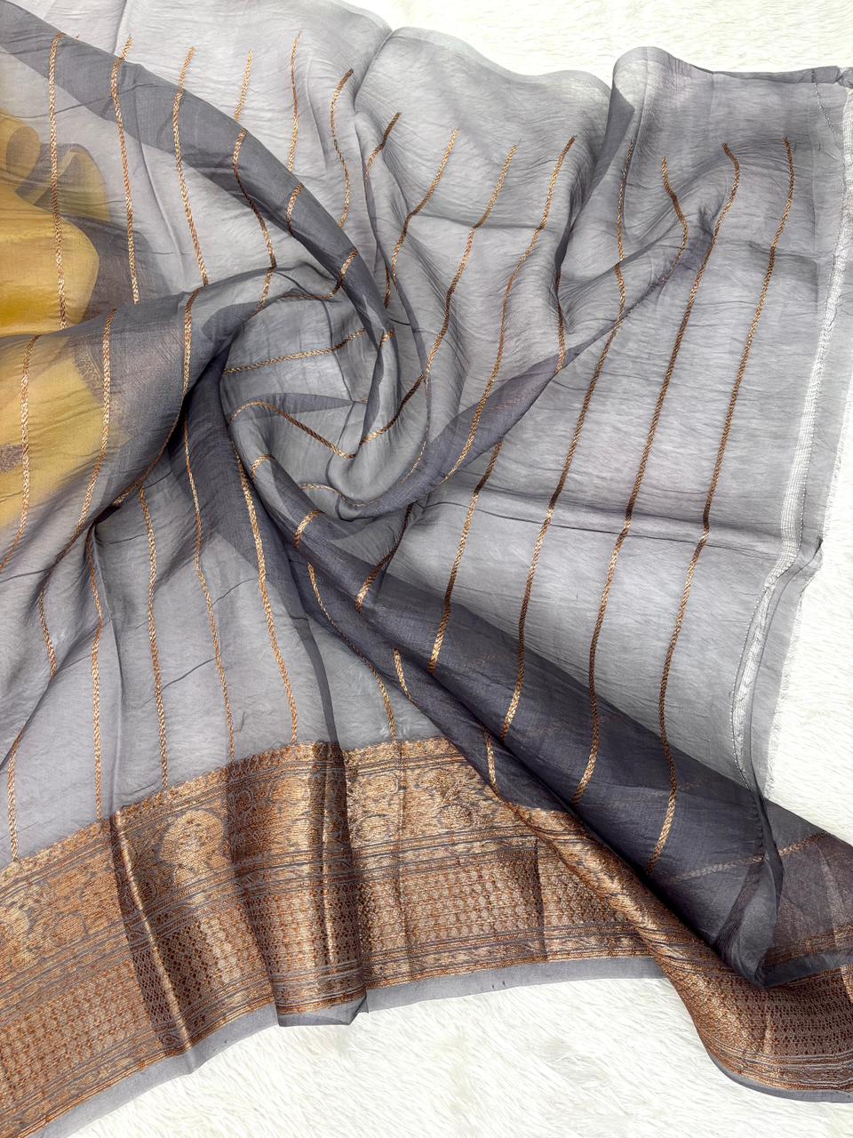 Radiant Sunshine Yellow Kora Silk Handloom Saree with Contrast Antique Grey Border