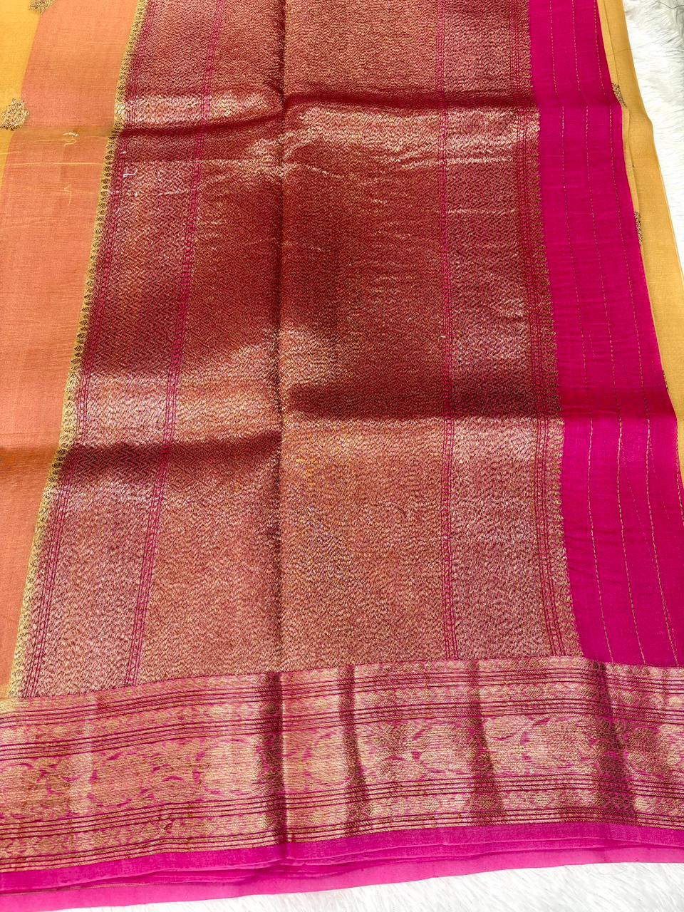 Elegant Golden Beige Kora Silk Handloom Saree with Contrast Rani Pink Border