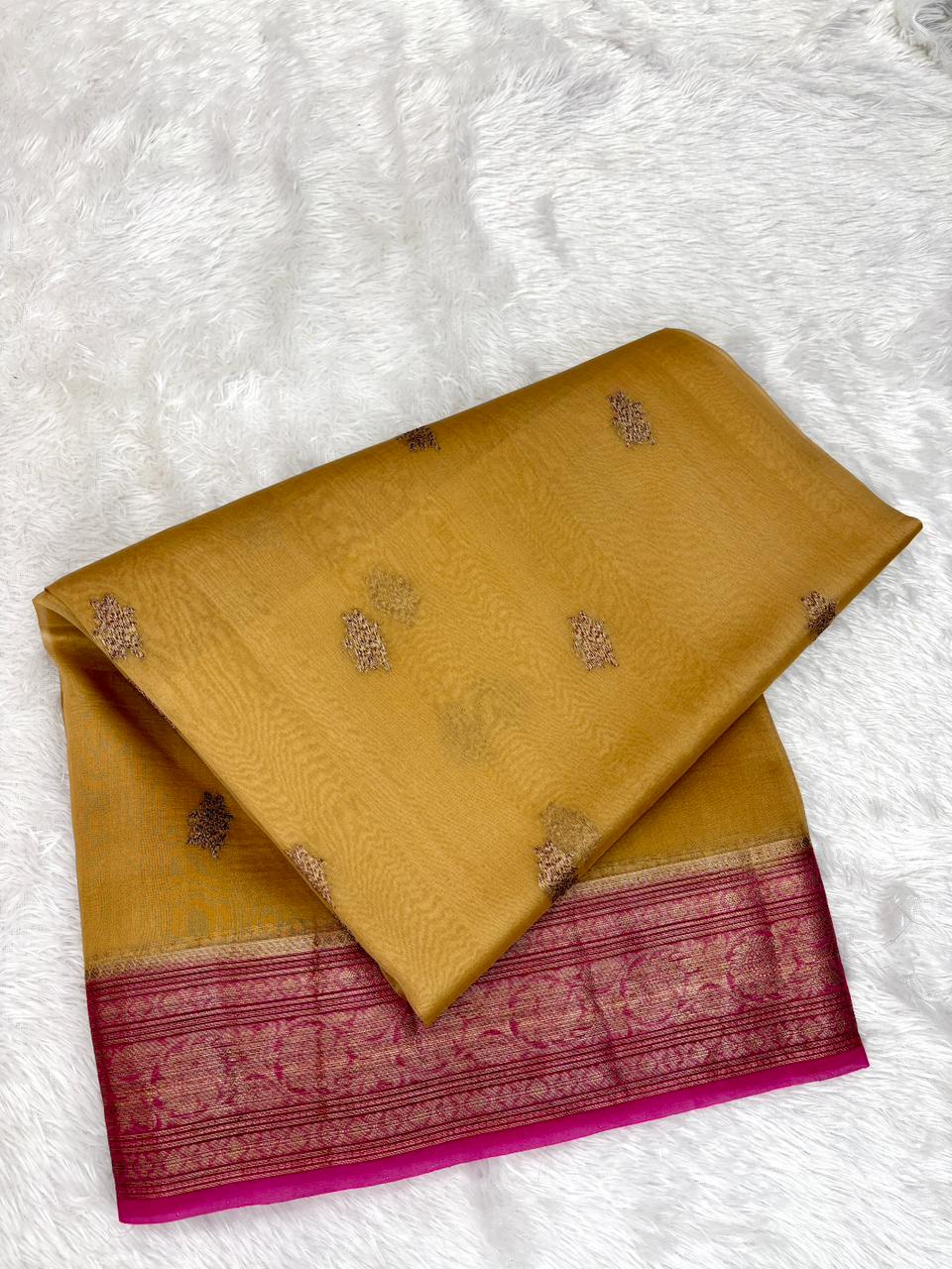 Elegant Golden Beige Kora Silk Handloom Saree with Contrast Rani Pink Border