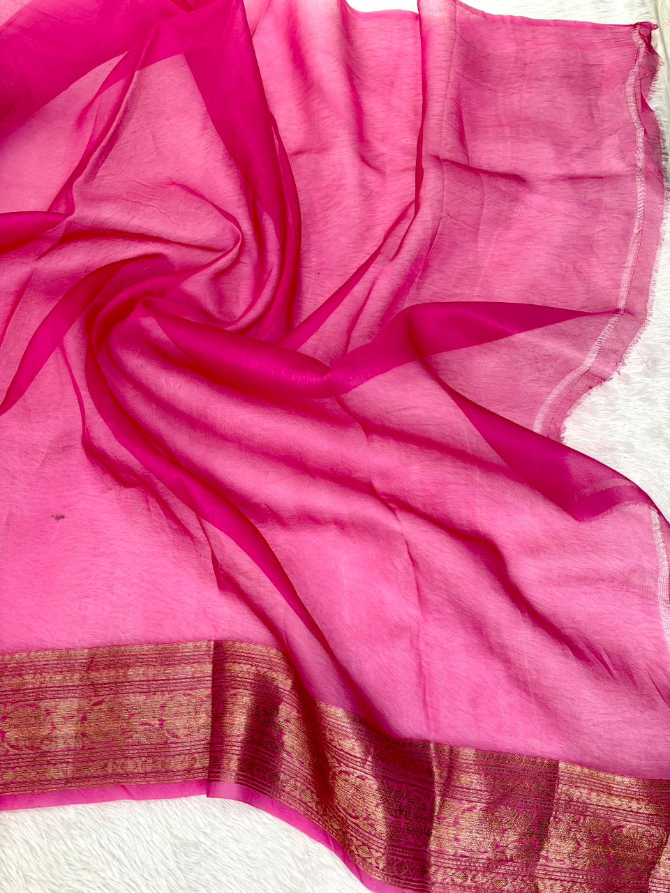Elegant Golden Beige Kora Silk Handloom Saree with Contrast Rani Pink Border
