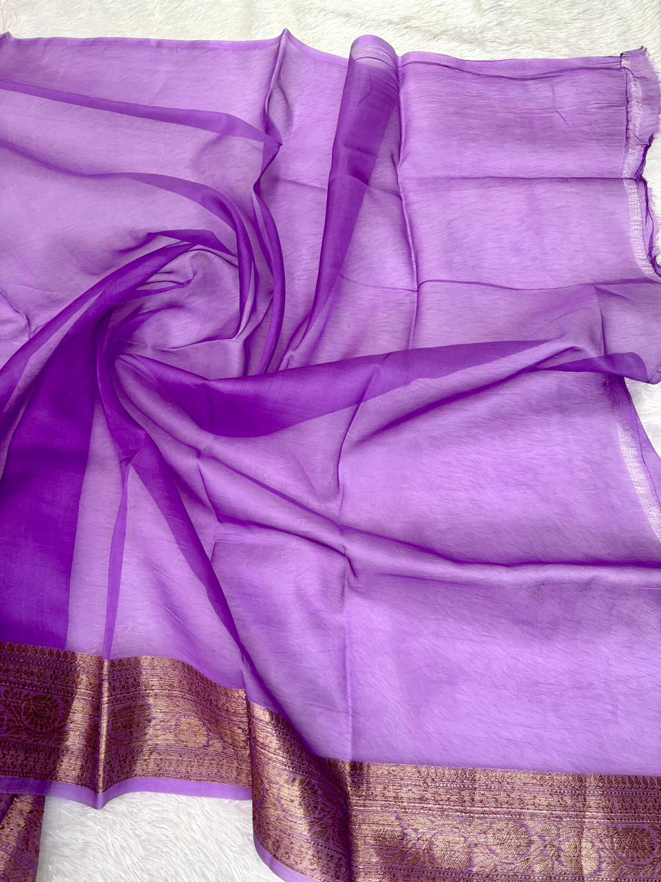 Contemporary Linear Stripe Kora Silk Handloom Saree with Antique Zari
