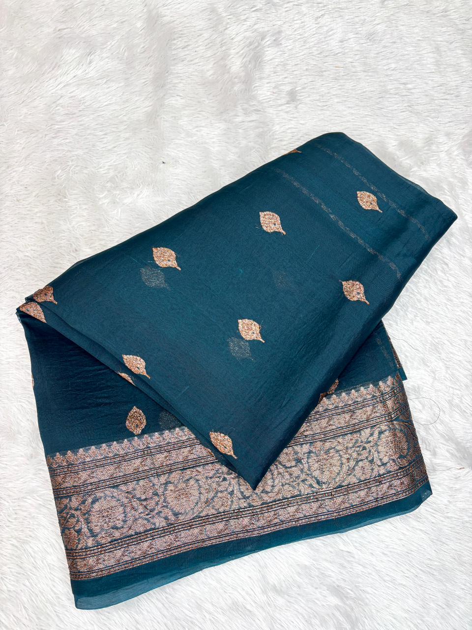 Sophisticated Teal Blue Kora Silk Handloom Saree with Antique Zari Stripes