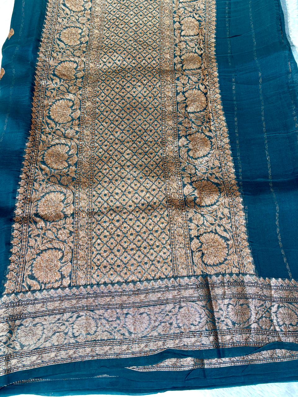 Sophisticated Teal Blue Kora Silk Handloom Saree with Antique Zari Stripes